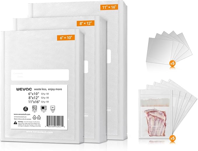 Wevac Vacuum Sealer Bags, 150 Gallon 11" x 16", and Quart 8" x 12" and Pint 6" x 10", 5 Liquid Block Bags & 5 Bone Guard Piec