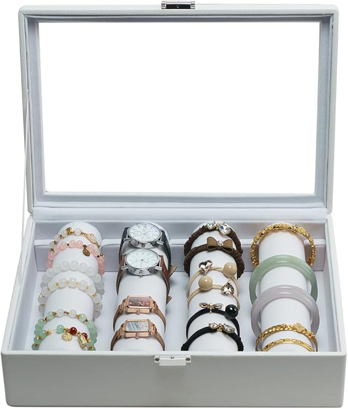Bracelets Organizer Rods Bangles Display Holder, Clear See through Lid Leather Velvet Jewelry Storage Box Case for Women, 4 R