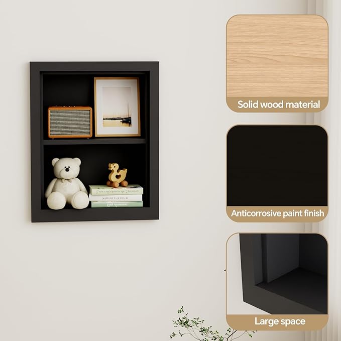Solid Wood 14 X 18 Recessed Medicine Cabinet,2-Tier, Medicine Cabinet Organizer,Wall Niche, Bathroom Wall Cabinet Black