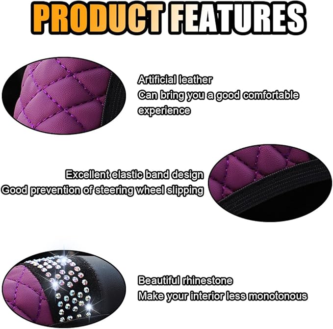 Bling Soft Leather Steering Wheel Cover, 15 Inch Colorful Rhinestones Auto Elastic Protector with Crystal Diamond for Women G