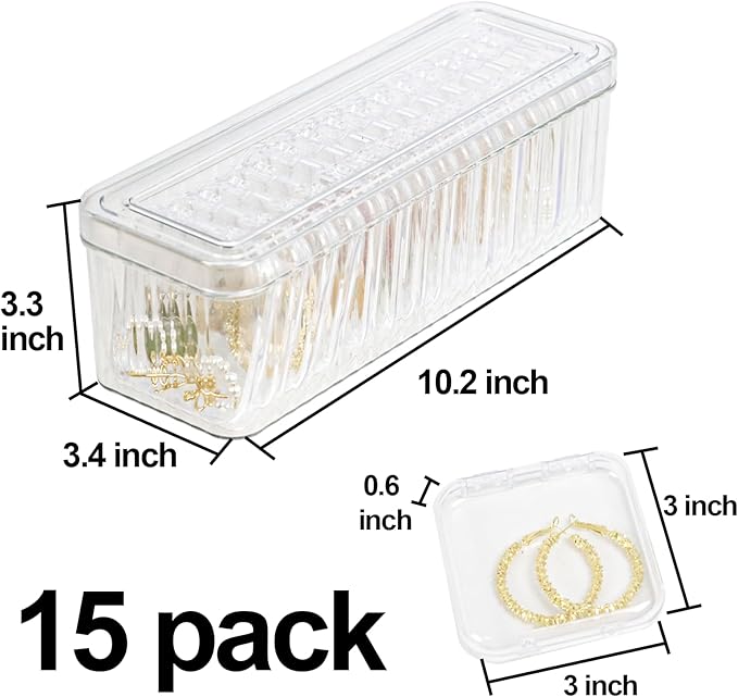 Clear Travel Jewelry Organizer Box, Rectangular Plastic Storage Container with 15 Sturdy Portable Small Cases for Organizing 