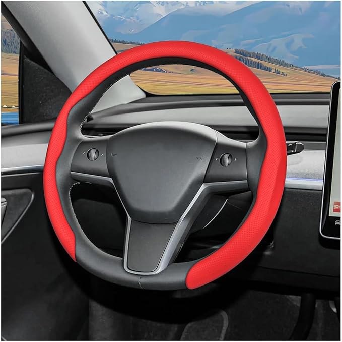 Car Nappa Leather Steering Wheel Cover, 15" Fashionable 5D Anti-Slip Vehicle Steering Wheel Protector, Breathable Auto Interi