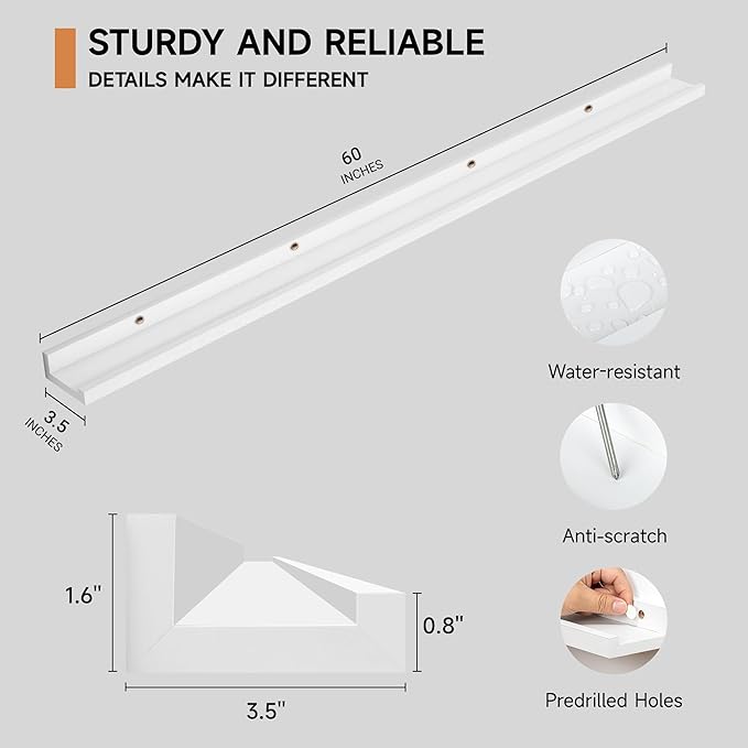Fun Memories Picture Ledge Shelf, 60 Inch Floating Shelves Set of 2, Large Nursery Book Shelves for Toys Storage, Kids Booksh