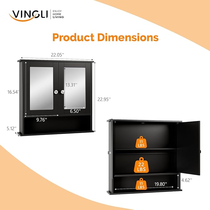 VINGLI Black Medicine Cabinet with Mirror, Wall Mounted Bathroom Cabinet with Open Shelf, 2-Door Hanging Storage Organizer Ov