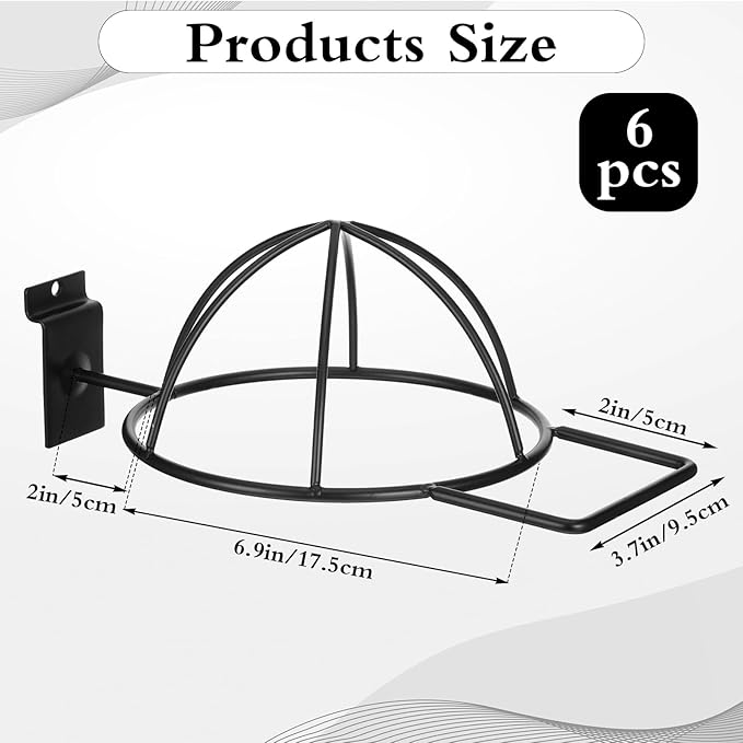 6 Pcs Metal Hat Display and Holder, Wall Mounted Slatwall Rack Organizer for Baseball Caps, Beanies, Wigs, for Home and Retai