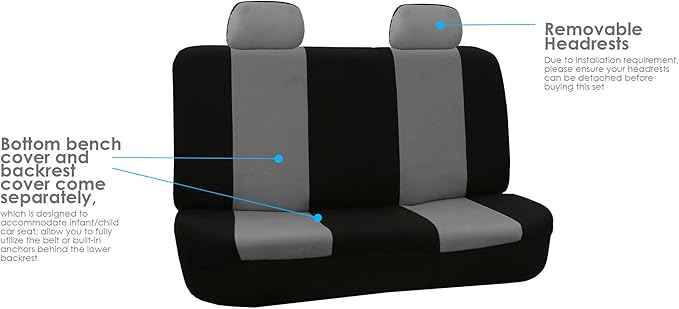FH Group Car Seat Covers Flat Cloth Automotive Gray Full Set, Rear Solid Bench Universal Fit Combo Steering Wheel Cover & Seat Belt Pads Car Seat Protector for Cars Trucks SUV Interior Accessories