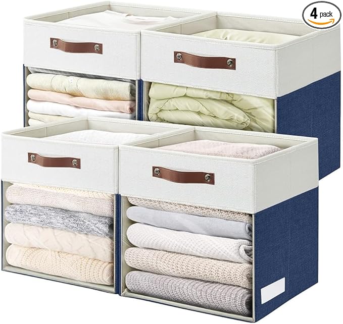 Bagnizer Storage Cubes, 4 Pack Linen Foldable Storage Bins (13 x 13 inch) with Clear Window and Handles, Fabric Organizer for