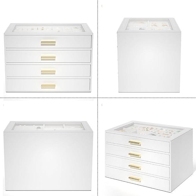 AKOZLIN Jewelry Box with Clear Lid Functional Leather Jewelry Storage Organizer Case 4 Drawers for Women Girls Necklace Ring 