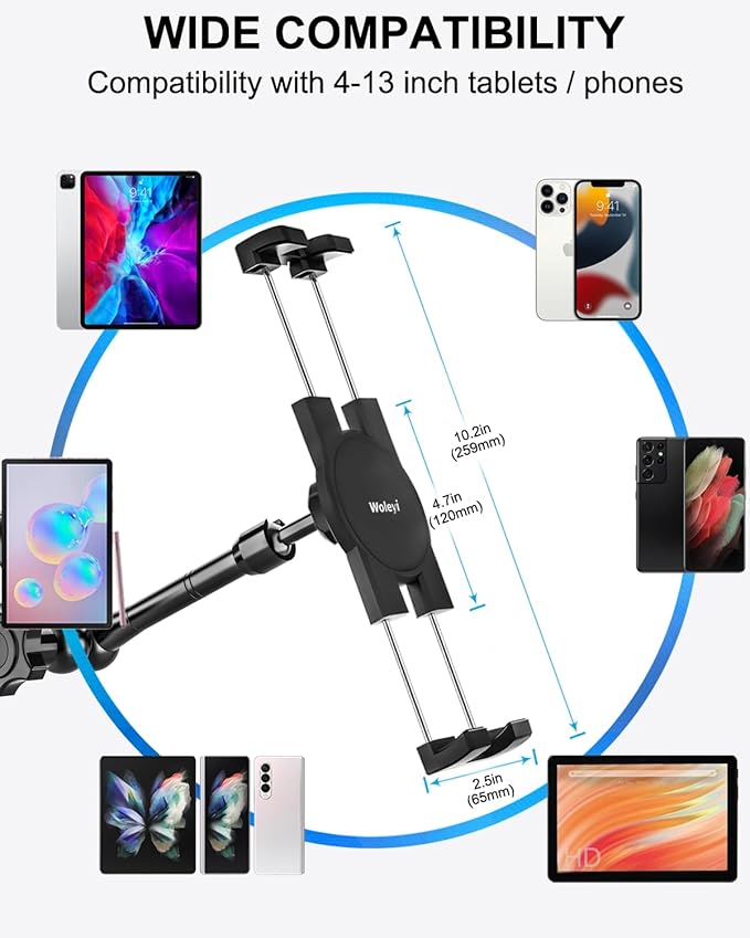 woleyi Drill Base Tablet Mount for Truck - [Metal Long Arm] Heavy Duty Truck Tablet Holder Dashboard Car Mount for Commercial Vehicles, Semi Trucks, for 4.7-13" iPad Pro, Air, Mini, Galaxy Tab, Z Fold
