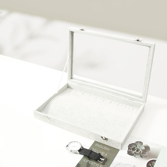 Coward 20 Hooks Necklace Organizer Jewelry Box, Grey Beige Velvet Necklace Display Tray Case with Transparent Glass Lid for H