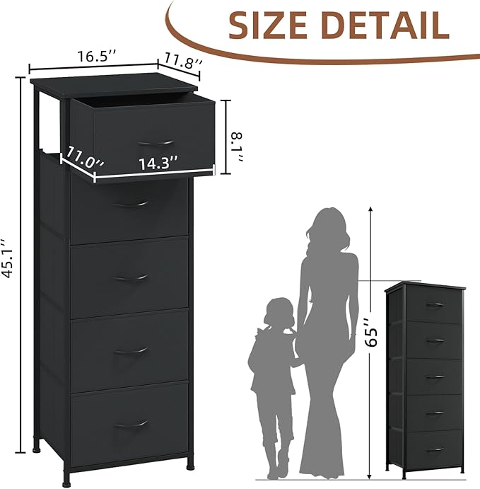 Somdot Tall Dresser for Bedroom with 5 Drawers, Storage Organizer Chest of Drawers with Removable Fabric Bins for Closet Beds