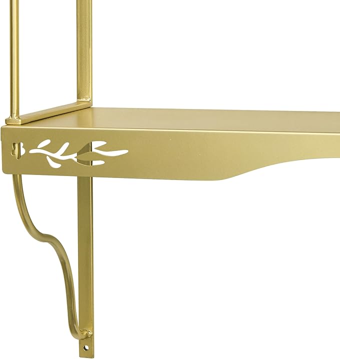 Elegant Gold Wall Shelf — 2 Tier Decorative Metal Storage Floating Shelf with Openwork Floral Pattern, 20" x 24"