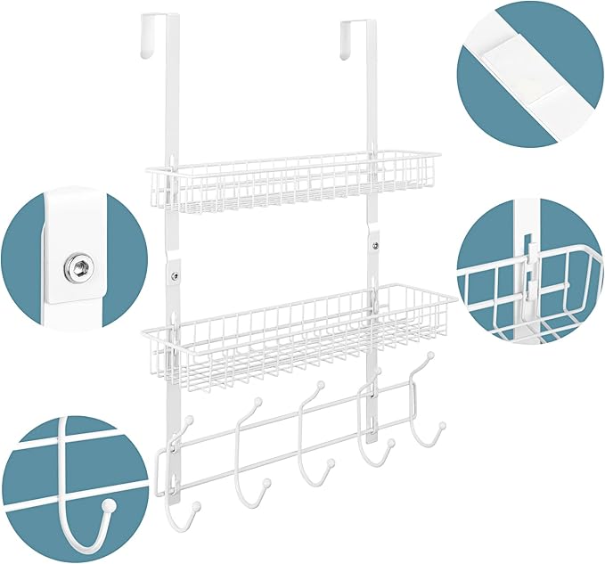 Over The Door Hanger Organizer with 2 Mesh Baskets & 5 Towel Hooks, Detachable Behind The Door Storage Towel Rack for Coats, 
