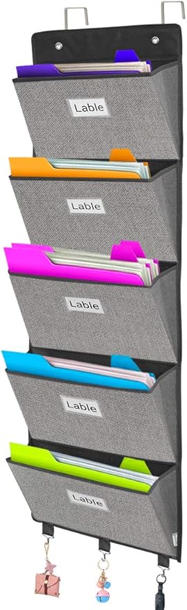 homyfort Over the Door File Organizer, Wall Hanging File Folders with 5 Large Pocket for Mails, Magazines, Back to School Sup