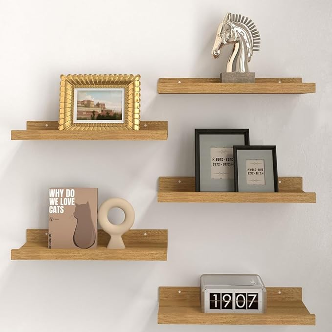 RICHER HOUSE 5 Set Floating Shelves for Wall Decor, Wall Mounted Book Shelf, Nursery Shelves Picture Ledge Shelf with Lip for
