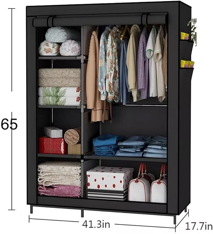 Portable Wardrobe Closet Clothes Organizer Non-Woven Fabric Cover with 6 Storage Shelves, 2 Hanging Sections and 4 Side