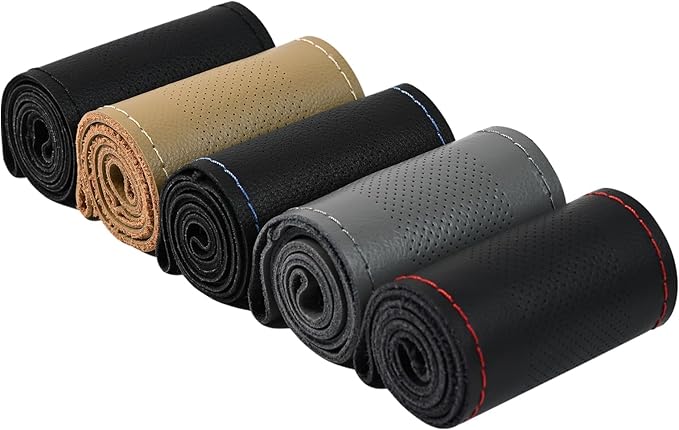AUTOXBERT 38cm/15 Inch Genuine Leather DIY Steering Wheel Cover Soft Hand Sewing On Wrap Cover with Needles Thread fit for VW
