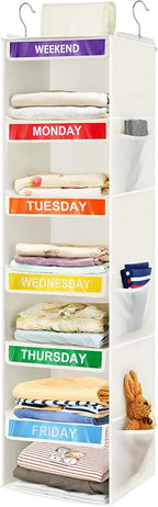 6-Shelf Weekly Clothes Organizer for Kids, Hanging Daily Closet Organization with 6 Side Pockets, Days of The Week Clothing D