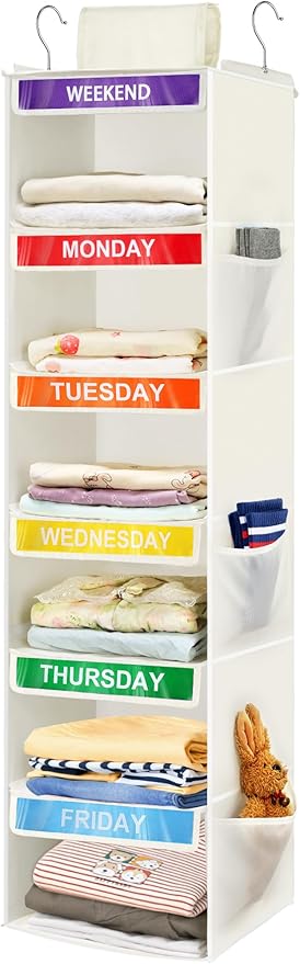 6-Shelf Weekly Clothes Organizer for Kids, Hanging Daily Closet Organization with 6 Side Pockets, Days of The Week Clothing D
