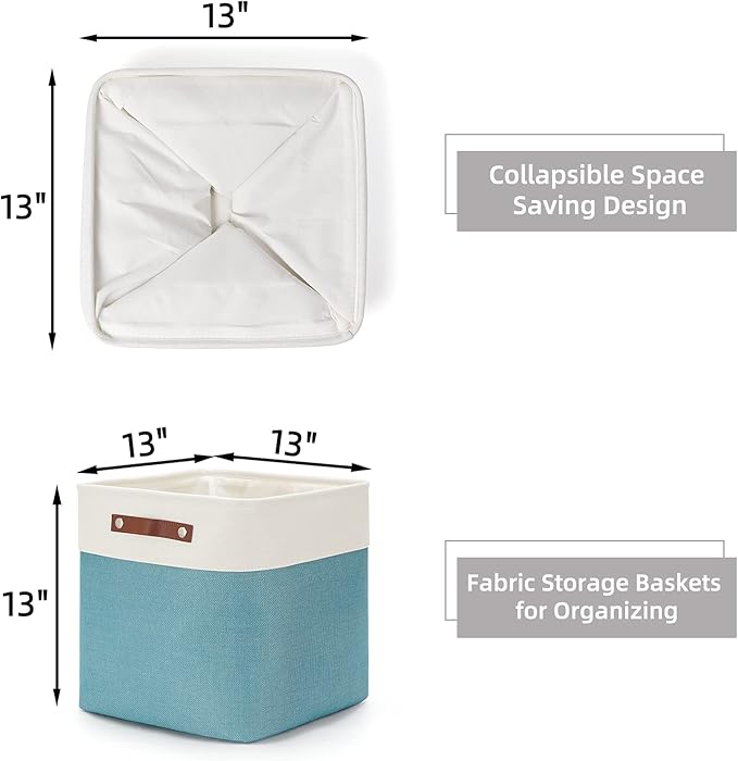 HNZIGE Foldable Storage Cubes & Baskets (3 Pack) - 13 Inch Storage Bin with Leather Handles for Toys, Clothes, Kids, Closet (