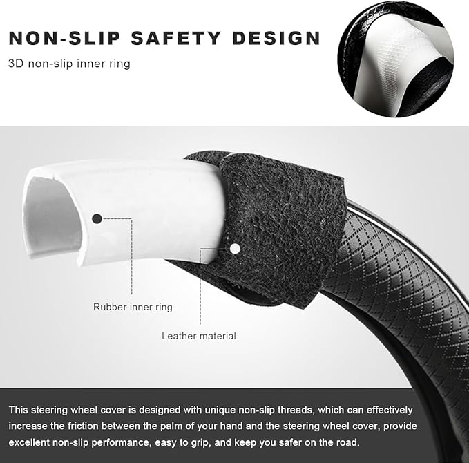 Car Steering Wheel Cover, 15 Inch Anti-Slip Breathable Leather Auto Steering Wheel Protector, Full Surround Soft Steering Whe