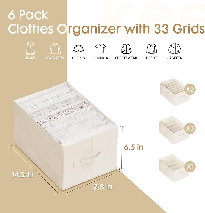 Criusia 6 Pack Large Clothes Organizer, Wardrobe Closet Organizer and Storage with Handles, Foldable Fabric Closet Organizers