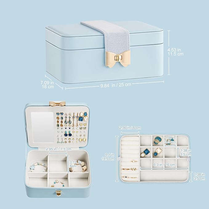 Lolalet 2 Layer Jewelry Box for Teen Girls & Young Women, Jewelry Organizer Case with Bow Clasp and Mirror for Earrings Rings