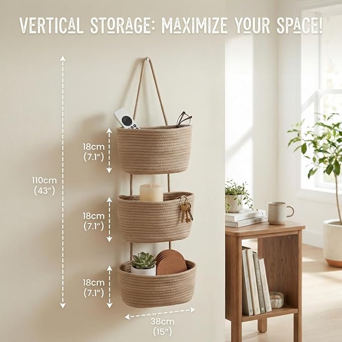 Hanging Wall Basket, Over the Door Hanging Basket with Hooks, Cotton Back of Door Organizer for Living Room, Bedroom, Boho Wa
