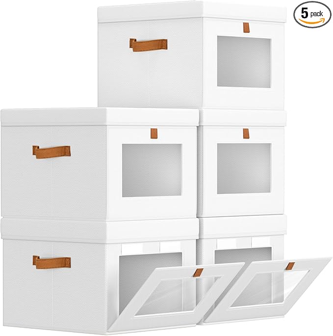 Homsorout Storage Bins with Lid – Closet Organizer with Side Opening and Clear Window, Foldable Stackable Fabric Basket for C