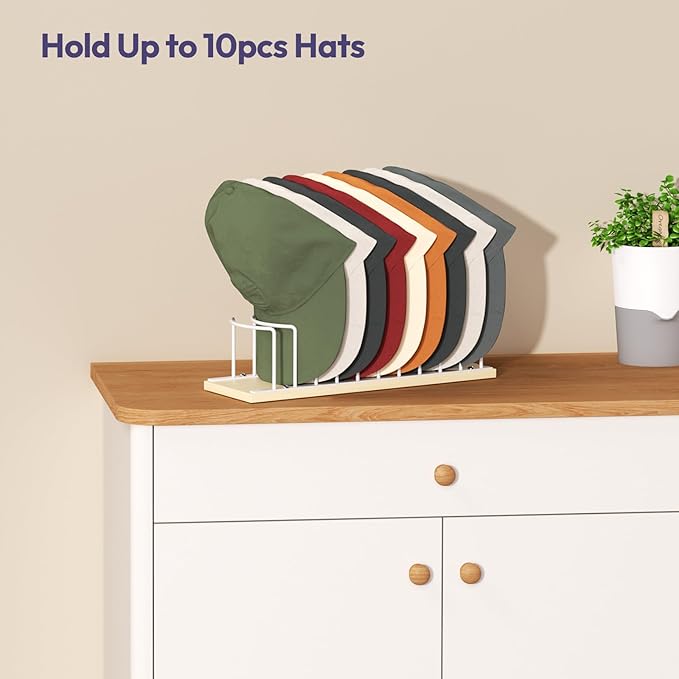SWTYMIKI Hat Stand for Baseball Caps - Wood & Metal Tabletop Hat Organizer Storage Display Rack, Holds up to 10 Caps for Desk