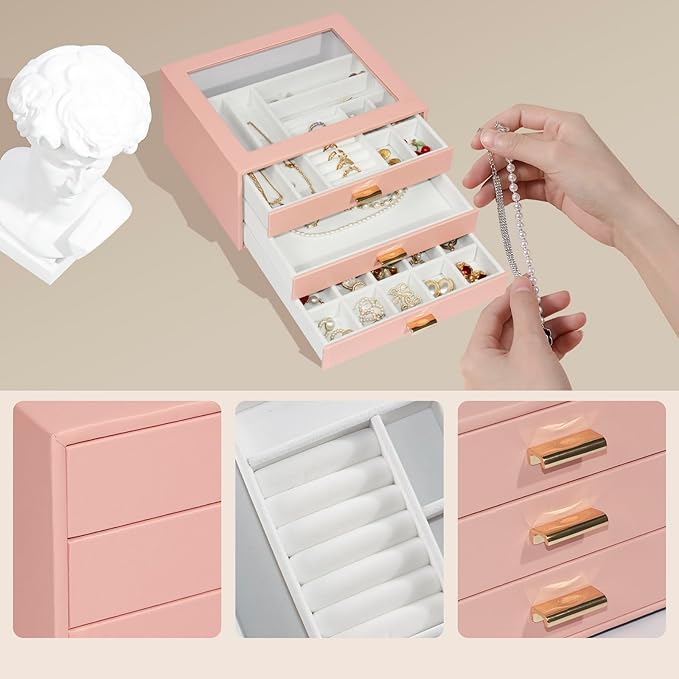 Jewelry Box Organizer with 3 Drawers,Glass Lid Jewelry Boxes for Women,Jewelry Storage for Rings,Necklaces,Earrings,Bracelets