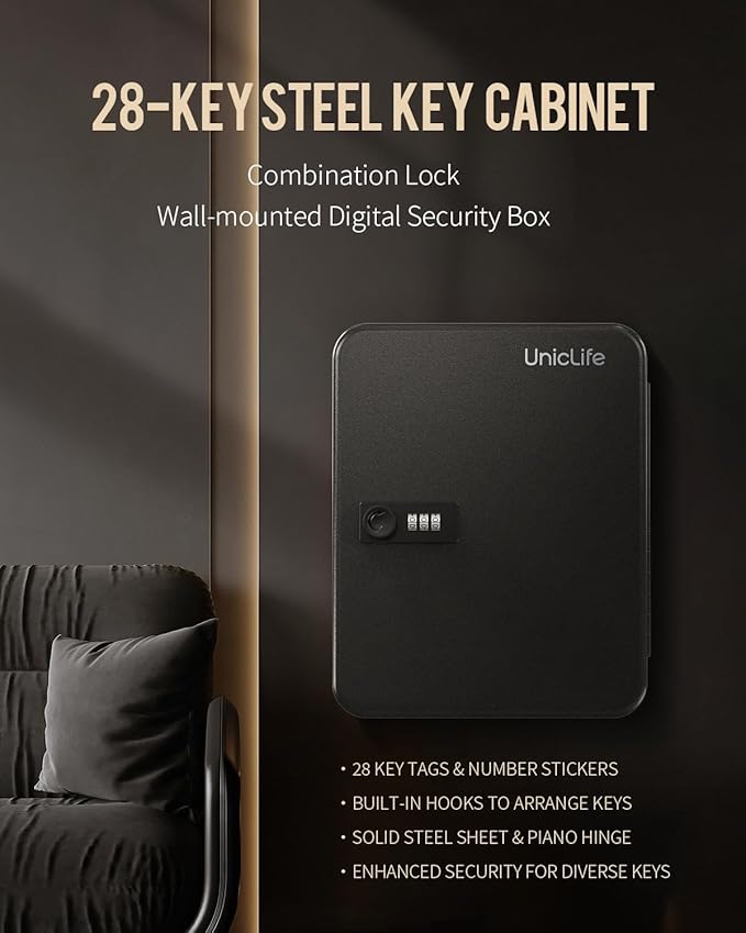 Uniclife 28 Position Key Cabinet with Combination Lock Resettable Black Digital Security Storage Box Steel Key Organizer with
