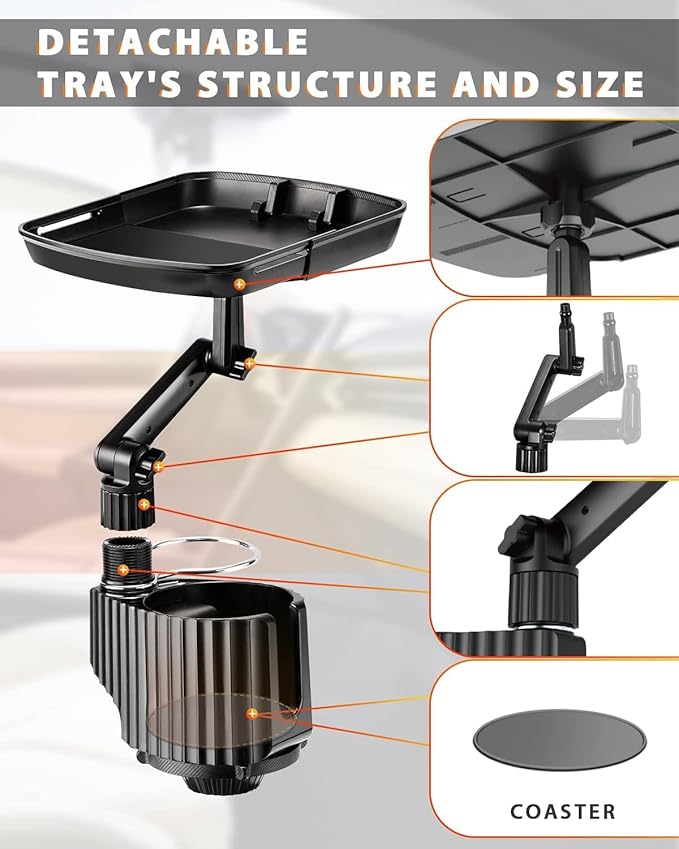 4-in-1 Car Cup Holder Expander Tray,Detachable Upgraded Food Tray Expandable Dual Cup with Phone Holder,360°Rotation Adjustable Base,Road Trip Essentials Accessories for Drinking and Eating