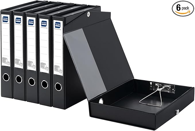 Storage File Boxes 6 Pack, Foldable File Boxes with Lid, 50mm Spine, Archives Cases with Magnetic Closure & Clip, Plastic Doc
