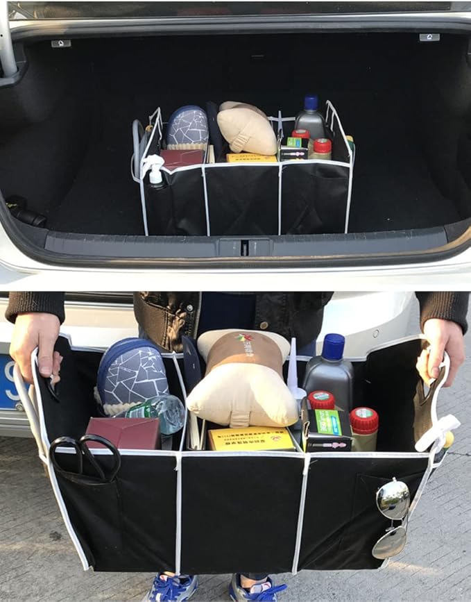 Car Trunk Organizer, Black, 3 Large Sections of Storage, Store Your Cleaning Supplies, Emergency Gear, Groceries, Tools, Great 