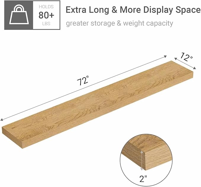 Vivelove 12" Deep Floating Shelves with Invisible Brackets, 72" Wall Shelves for Bathroom Bedroom Kitchen Living Room Laundry