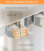 Broom Holder Over The Door - 304 Stainless Steel Mop and Broom Holder Wall Mounted or Hanging Over The Door with Hooks - Broo