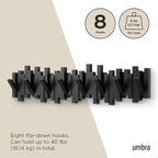 Umbra Sticks Wall-Mounted Coat Rack Rail Hook with 8 Retractable Pegs – Modern, Space-Saving Storage Organizer, Black