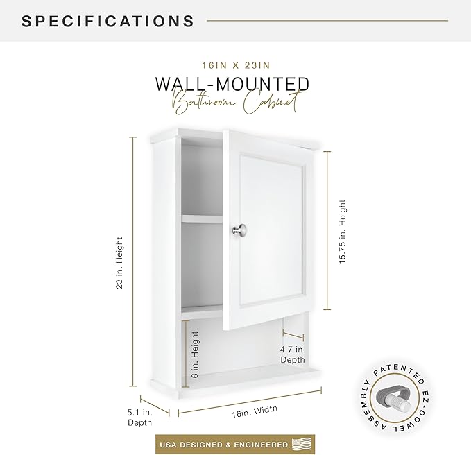 MCS 23x16 White Medicine Cabinet Organizer, Wall Mounted Bathroom Cabinet for Over-The-Toilet Storage, Bathroom Furniture & R