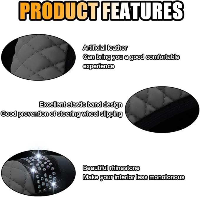 Bling Soft Leather Steering Wheel Cover, 15 Inch Colorful Rhinestones Auto Elastic Protector with Crystal Diamond for Women G