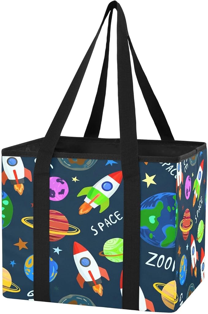 Colorful Planets Reusable Grocery Bags Large Shopping Tote Bag with Reinforced Bottom Board, Water Resistant Foldable Storage