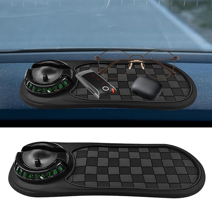 Multifunction Car Anti-Slip Mat, Universal Rotatable Auto Dashboard Phone Holder Accessory with Temporary Parking Number, Car