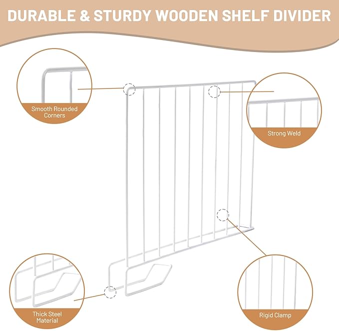 8-Pack 9“ Tall Metal Shelf Dividers for Closet Organization, Wardrobe, Bookshelf, Cabinet, Cupboard - Closet Shelf Dividers -