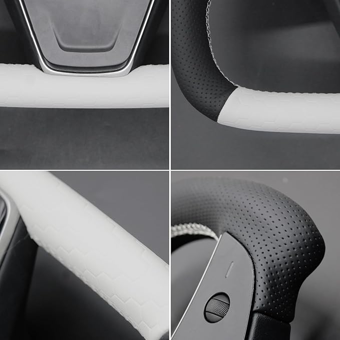 MEWANT Hand Stitched White Leather Steering Wheel Cover Wrap for Tesla Model S 2021-2023 / Model X 2021-2023 Steering Wheel Accessories