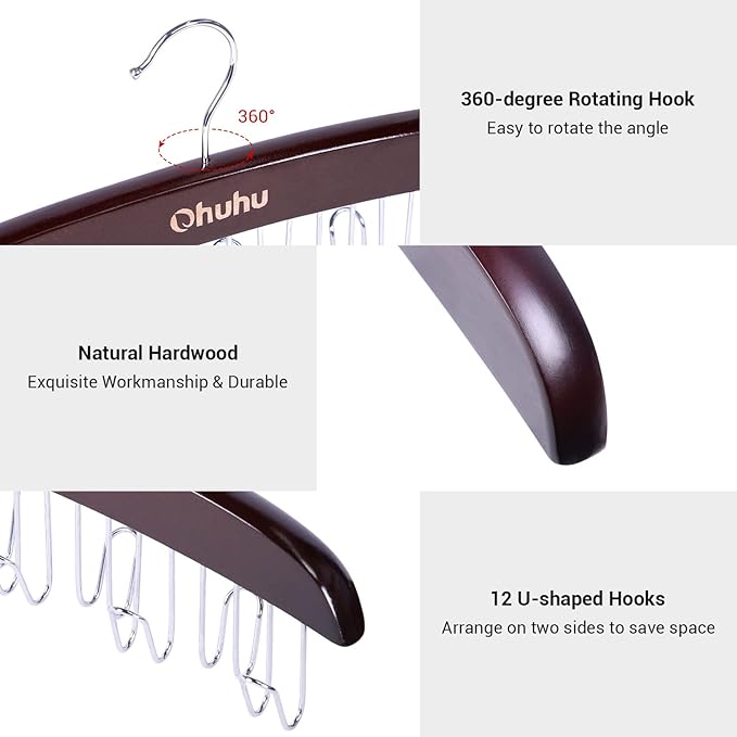 Belt Hanger Organizer for Closet: Ohuhu 12 Hooks Max 36 Belts Tie Rack Wooden Belt Holder for Storage 360 Degree Rotating Spa