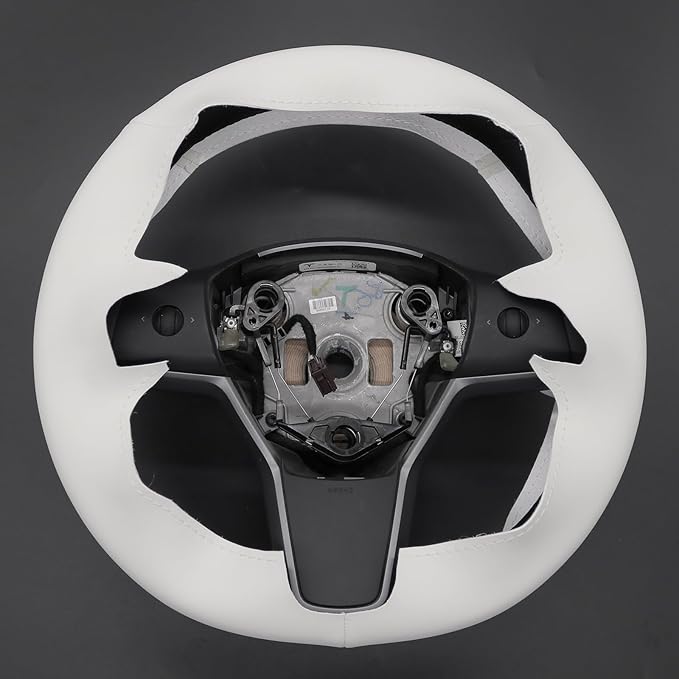 MEWANT Hand Stitched White Leather Steering Wheel Cover for Tesla Model 3/Y Accessories