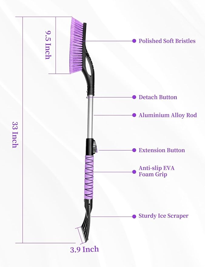 HEEYA 2 Pack Ice Scraper and Brush for Car, Extendable Snow Brush and Ice Scraper for Car Windshield Window, Car Snow Scraper and Brush with Foam Grip for SUV Truck Automobile Vehicle - Purple & Pink