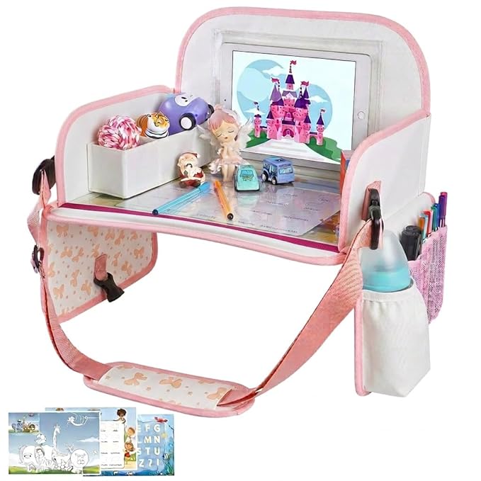 MENZOKE Kids Travel Tray for Toddler Car Seat, Toddler Travel Activities for Girl with iPad Holder Stand & Storage Pockets, R