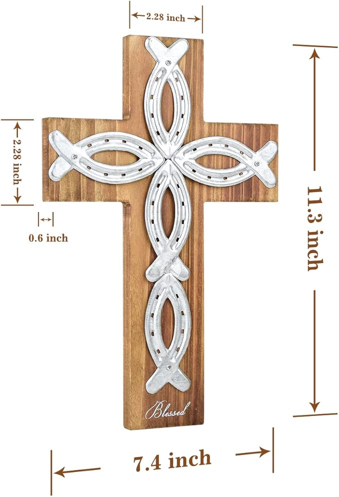 OKSQW Wall Cross Retro Catholic Wooden Hanging Baptism Crosses with Unique Metal Cross Spiritual Religious Cross with Hook 12