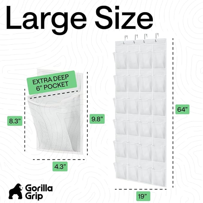 GORILLA GRIP Over the Door Shoe Organizer, 24 Extra Large Breathable Mesh Pockets, Space Saving Hanging Storage Holder, 4 Hoo
